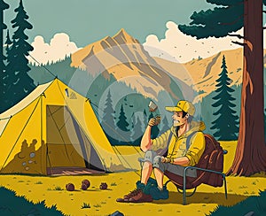Camping with yellow tent. Generative Ai