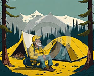 Camping with yellow tent. Generative Ai