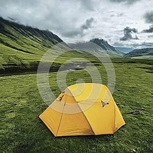 Camping with yellow tent in nature