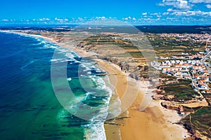 Campismo beach and Dunas beach and Island Baleal near Peniche on the shore of the Atlantic ocean in west coast of Portugal.