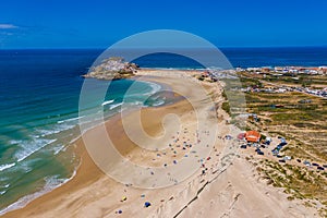 Campismo beach and Dunas beach and Island Baleal near Peniche on the shore of the Atlantic ocean in west coast of Portugal.