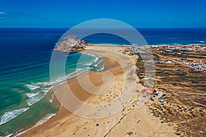 Campismo beach and Dunas beach and Island Baleal near Peniche on the shore of the Atlantic ocean in west coast of Portugal.