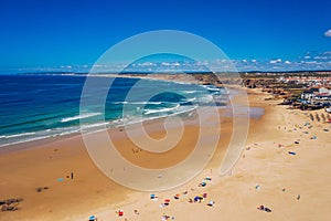 Campismo beach and Dunas beach and Island Baleal near Peniche on the shore of the Atlantic ocean in west coast of Portugal.