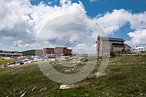 Campo Imperatore final arrival with parking lot, Abruzzo, Italy