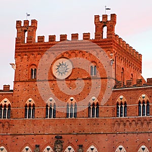 Campo Square with Public Building at sunset, Siena, Italy