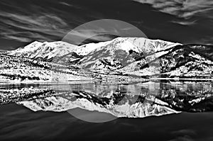 Campotosto Lake frozen in black and white