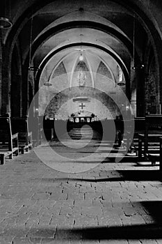 Camprodon,inside view of the church of Santa Maria, black and white photo