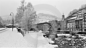 Camprodon under the snow, black and white vision photo