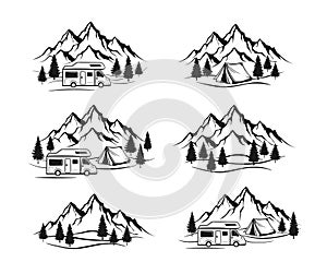 Campsite with camper caravan, tent, rocky mountains, pine forest labels, emblems, badges elements Set photo