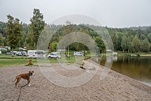 campsite camping caravan by lake Ragnerudssjoen in Dalsland Sweden beautiful nature forest pinetree