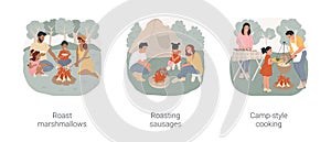 Campsite cooking isolated cartoon vector illustration set.