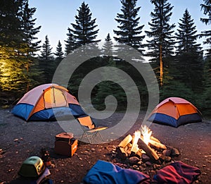 Set up a cozy camping scene with a tent pitched under the starry night sky, illuminated by a warm campfire