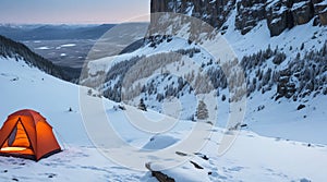 A Campsite on the edge of a cliff, overlooking a vast snowy landscape with falling snow