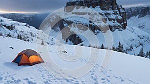 Campsite on the edge of a cliff, overlooking a vast snowy landscape with falling snow