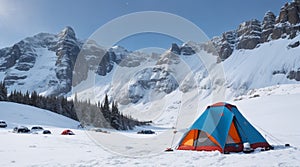 Campsite on the edge of a snowy cliff, with a breathtaking view of mountain ranges and a gentle snowfall.