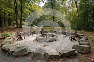 campsite with fire pit and chairs for gathering around