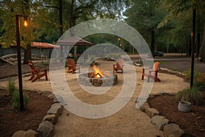 campsite with fire pit, lanterns, and chairs for comfortable evening outdoors