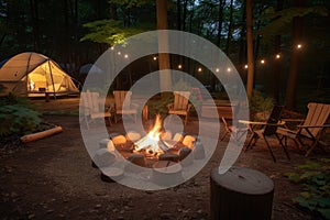 campsite with fire pit, lanterns, and chairs for comfortable evening outdoors