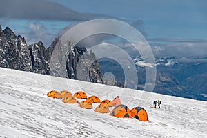 Campsite on the Geant Glacier, in the Mont Blanc massif, highest mountain range in the Alps