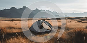 Campsite off the grid. Hiking and camping in the wilderness. Tent in the plains with a mountain range in the distance.