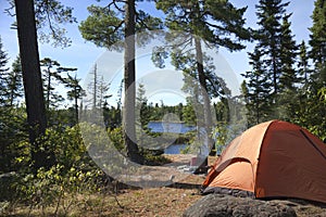 Campsite overlooking Boundary Waters lake in Minnesota