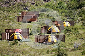 Campsite at the Paine Grande hut in Torres del Paine National Park, Magallanes Region, southern Chile