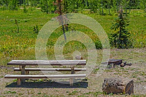 Campsite with a picnic table and fire pit in Freeman Reservoir Campground. In the Routt National Forest of the Rocky Mountains in photo