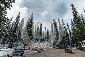 Campsite with picnic table yard in coniferous forest on winter at Yoho national park