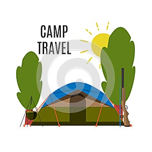 Campsite place in forest vector illustration. Camping landscape with tent. Summer nature outdoors camp place. National