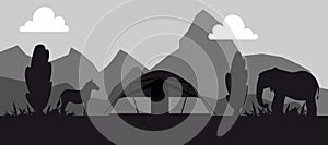 Campsite place in safari black and white silhouette vector illustration. Camping landscape with tent, horse and elephant