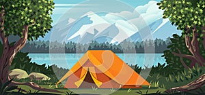 Campsite tent. Nature landscape. Scenic mountains. Wild forest. Summer vacation. Hiking adventure. Scouts camp at lake