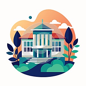 A campus building stands tall with trees and clouds in the background, A minimalist illustration of a campus building against a