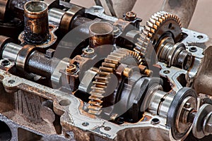Camshaft gears on a car engine. Vehicle repair, timing belt replacement.