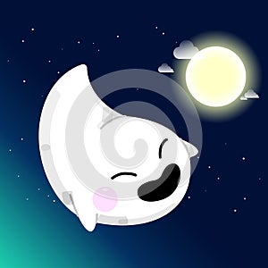 Cute cartoon ghost flying against full moon light. Night sky with stars and moon.