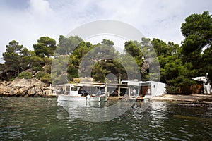 Can Bigotes Restaurant at Cala Mastella beach in Ibiza, Spain.