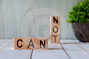 CAN/CANNOT words. Alphabets written on wooden block