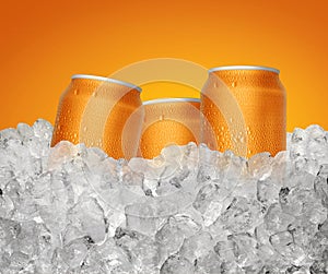 Can of cold beverage, ice cube a of juicy. Summer refreshing drink