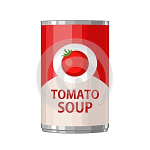 Can of condensed tomato soup. Vector flat color illustration