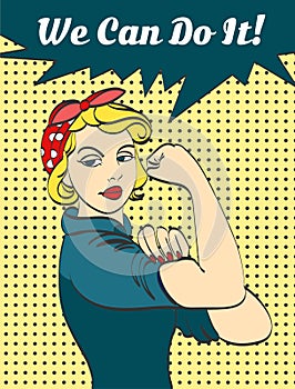 We Can Do It. Iconic woman's fist symbol of female power and industry. cartoon woman with can do attitude