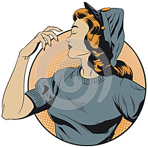 We Can Do It. Iconic woman`s fist symbol. Illustration for internet and mobile website