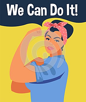 We Can Do It. Iconic womans fist symbol of female power and industry. Feminism concept girl showing fist symbol of female power