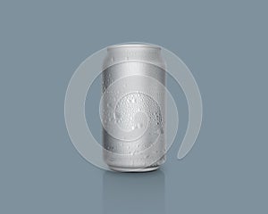 Can of fresh soda with water drops on color background