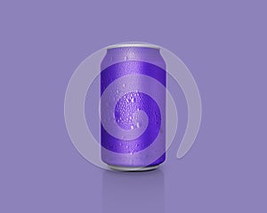 Can of fresh soda with water drops on color background