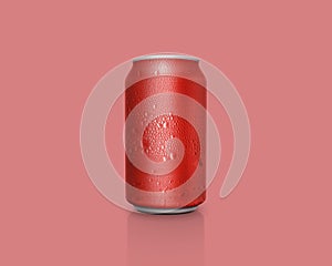 Can of fresh soda with water drops on color background