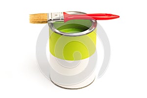 Can with green paint with brush  isolated on white background