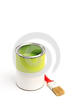 Can with green paint with brush  isolated on white background