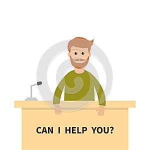 Can I help you. Men male people consultant. Reception service stand. Table Information desk counter microphone. Info support. Cute