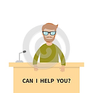 Can I help you. Men male people wearing eyeglasses. Table Information desk counter microphone. Reception service Info support. Cut