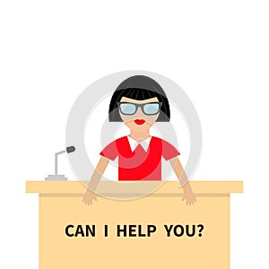 Can I help you. Women female people wearing eyeglasses. Table Information desk counter microphone. Reception service Info support.