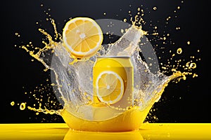 A can of lemon lime soda and a wedge of lemon splashing in clear water